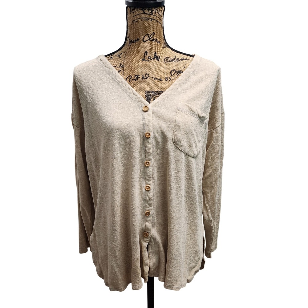 The Villager Women's Button Down Silk Top‎ Long Sleeve Beige Size S